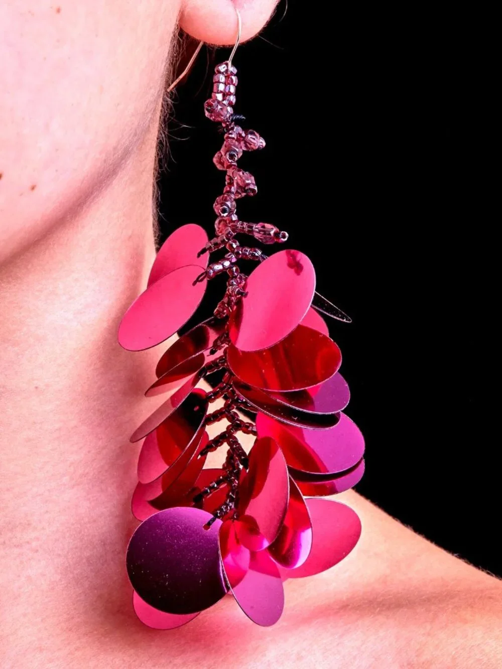 Giant Pink Earrings Lightweight Sequins and Glass Beads on French Earwire - Picture 2 of 4
